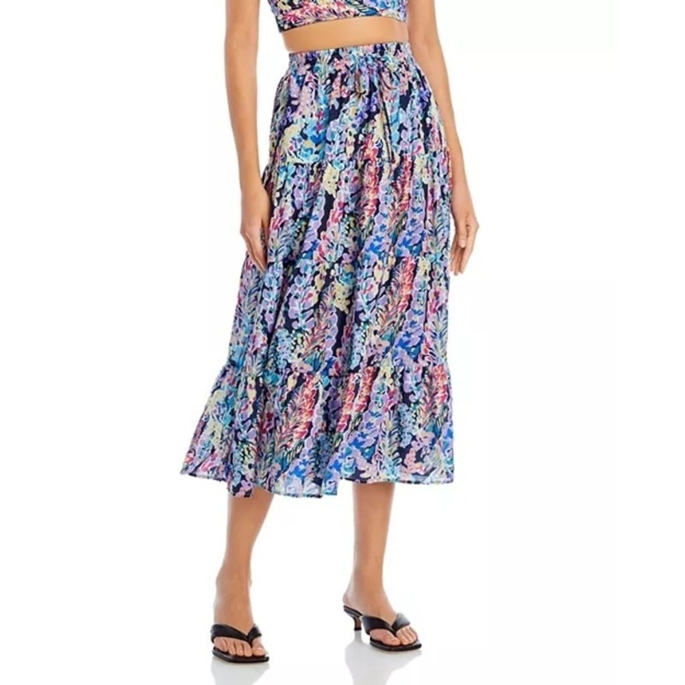 AQUA Floral Tiered Midi Skirt L Coquette Feminine Boho Fairy Whimsical Artsy